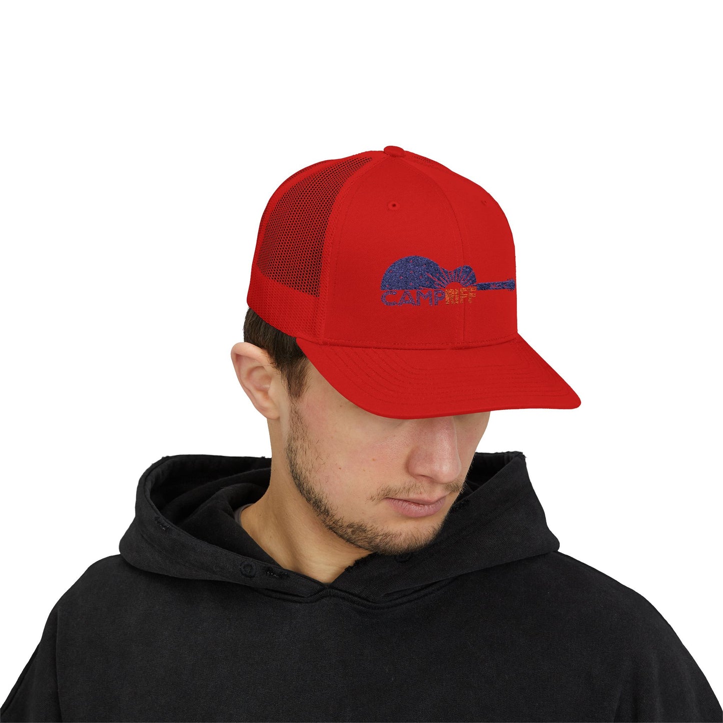 Camp Riff Guitar Snapback Trucker Cap - Perfect for Music Lovers and Outdoor Adventures