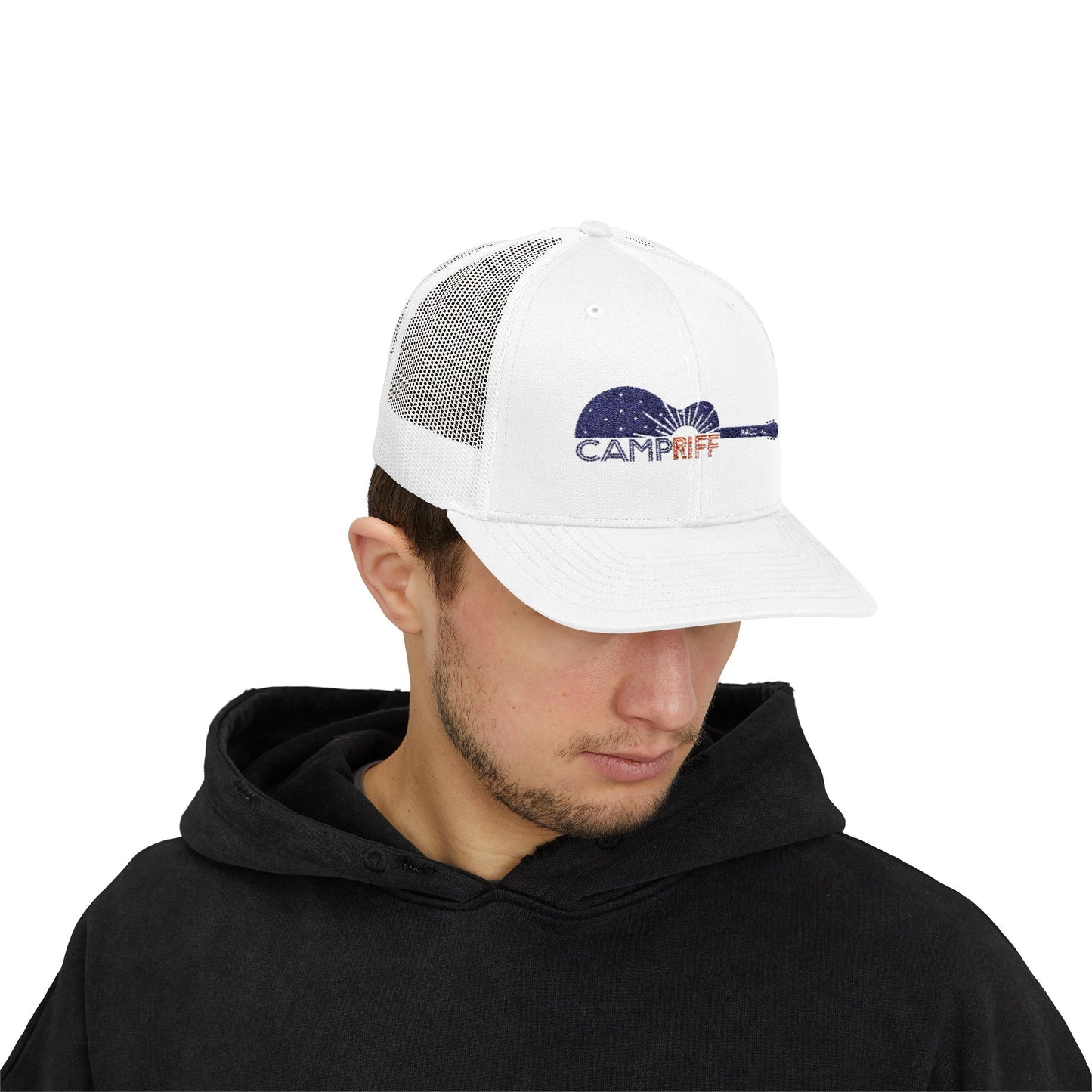 Camp Riff Guitar Snapback Trucker Cap - Perfect for Music Lovers and Outdoor Adventures